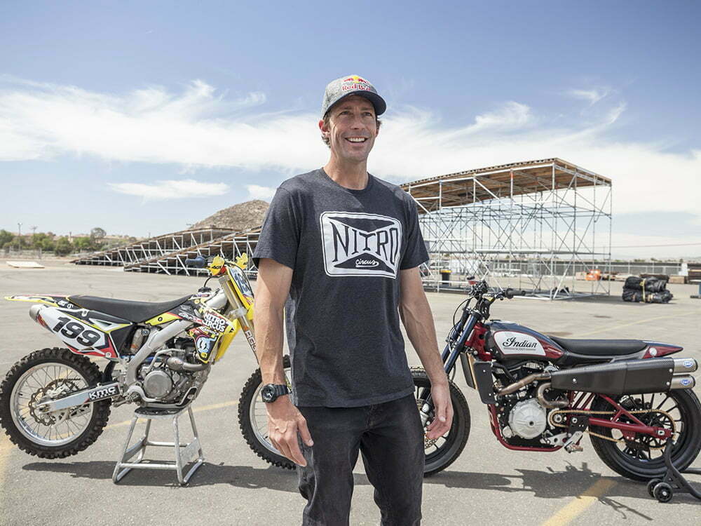 Travis Pastrana with Indian FTR750 and 450cc motocrosser