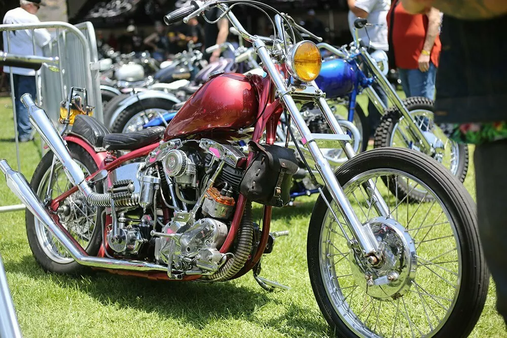 clean red shovelhead chopper