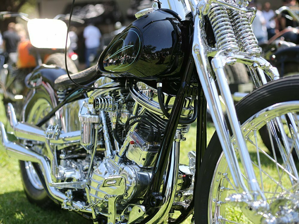 chrome engine on black panhead chopper