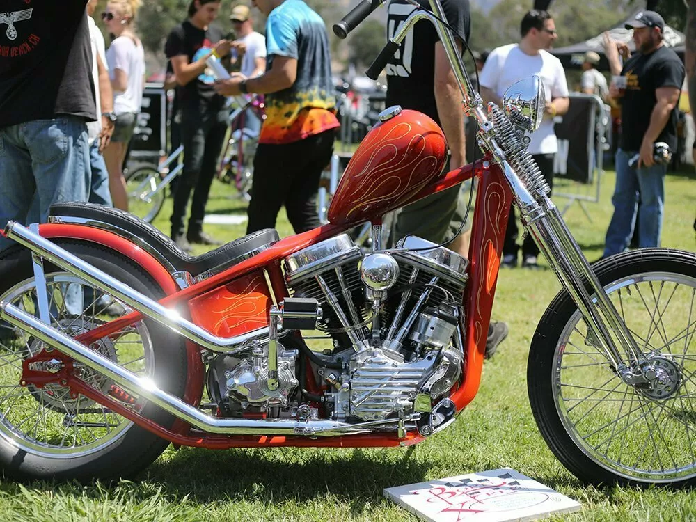 bright red and chrome panhead chopper