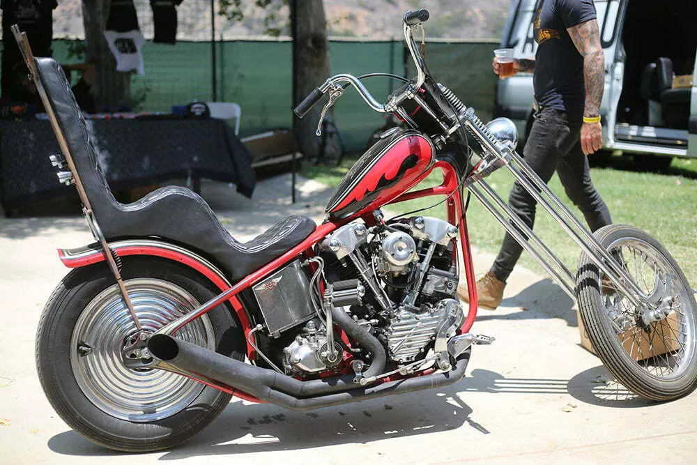 red and black knucklehead chopper