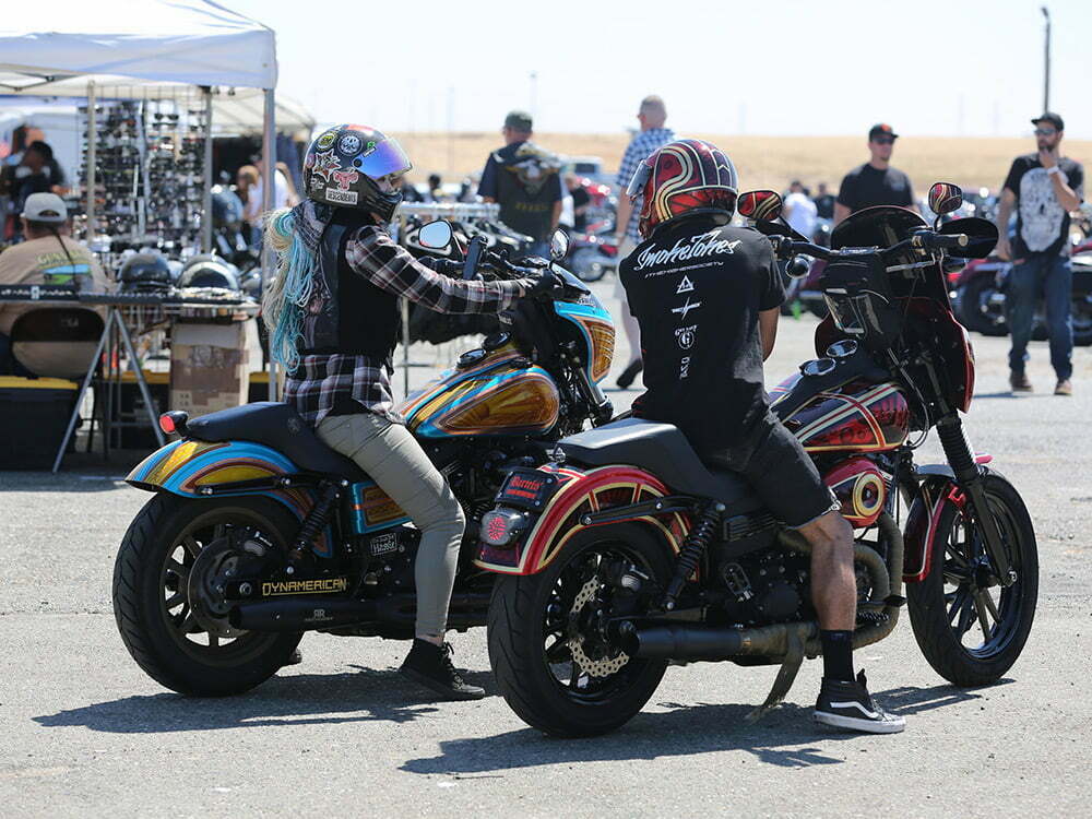 Sacramento Raceway couple on Harley-Davidson Dynas