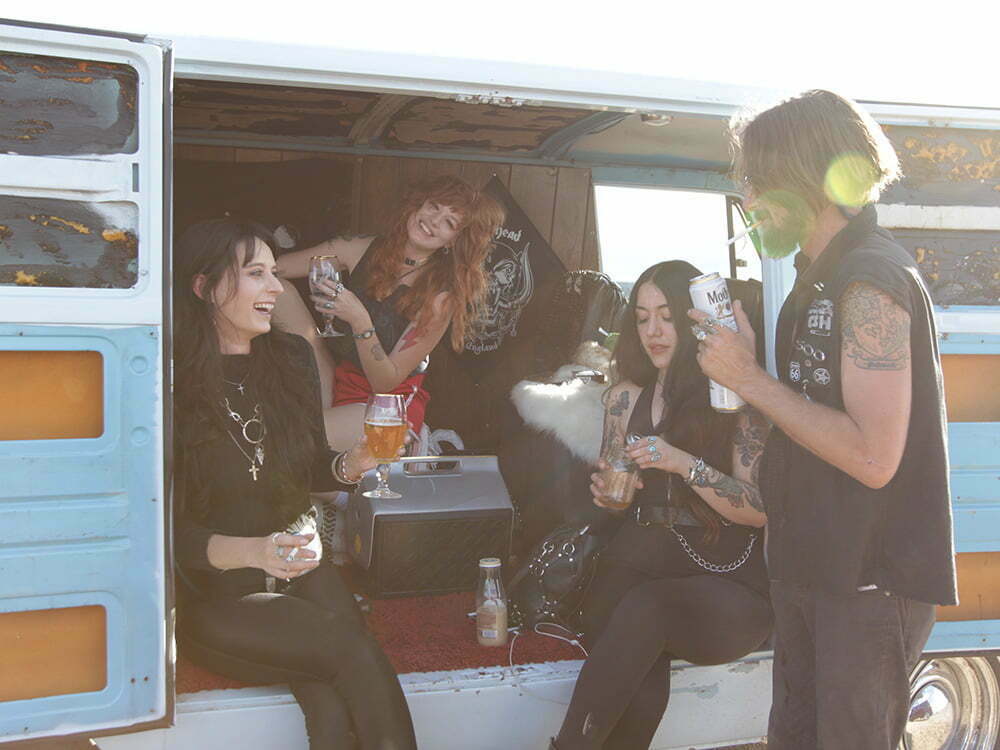 women partying in a van