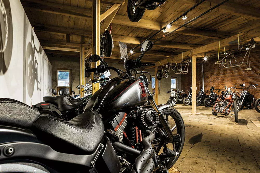 Motorcycles in a barn