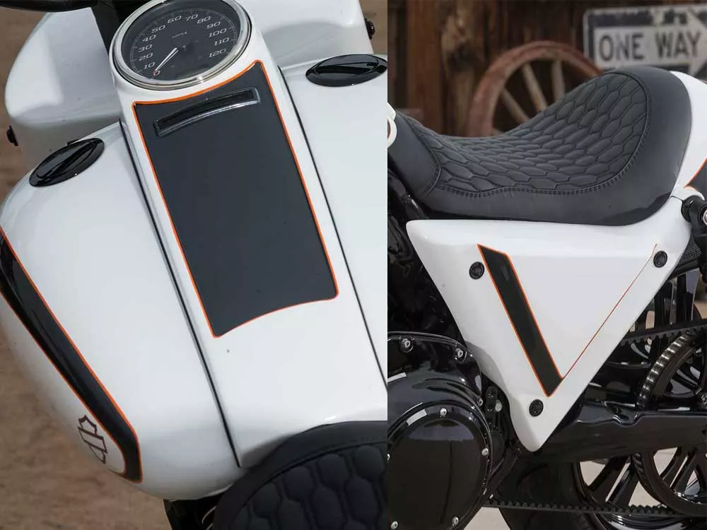 Bagger side panel of bike and Epic Moto Co. dash.