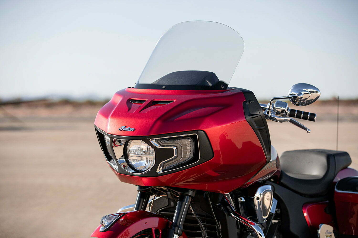 Front fairing on the 2020 Indian Challenger Limited with the windshield all the way up.