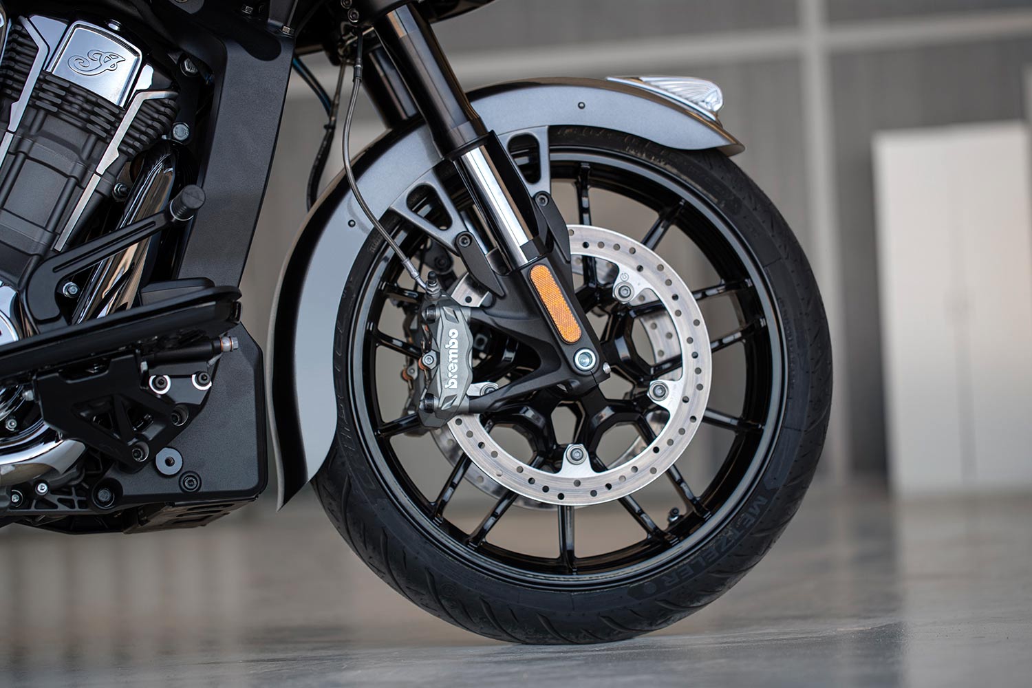 Dual front disc brakes and Brembo calipers on the 2020 Challenger bagger.