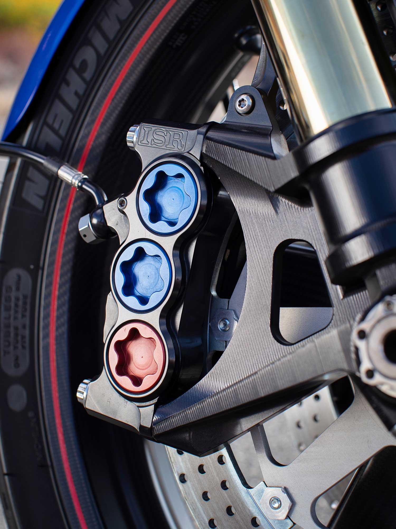 The ISR six-piston front brake calipers bring an increased piston diameter for more stopping power. The 48mm Öhlins fork is fully adjustable too.