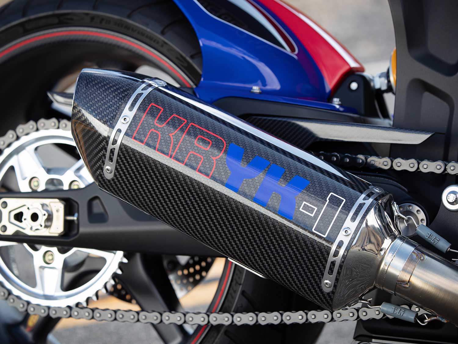 Arch worked with Yoshimura to develop the carbon-fiber muffler. KRYK? That stands for Yves Klein, who patented Yves Klein International Blue, the color this bike is meant to recreate.