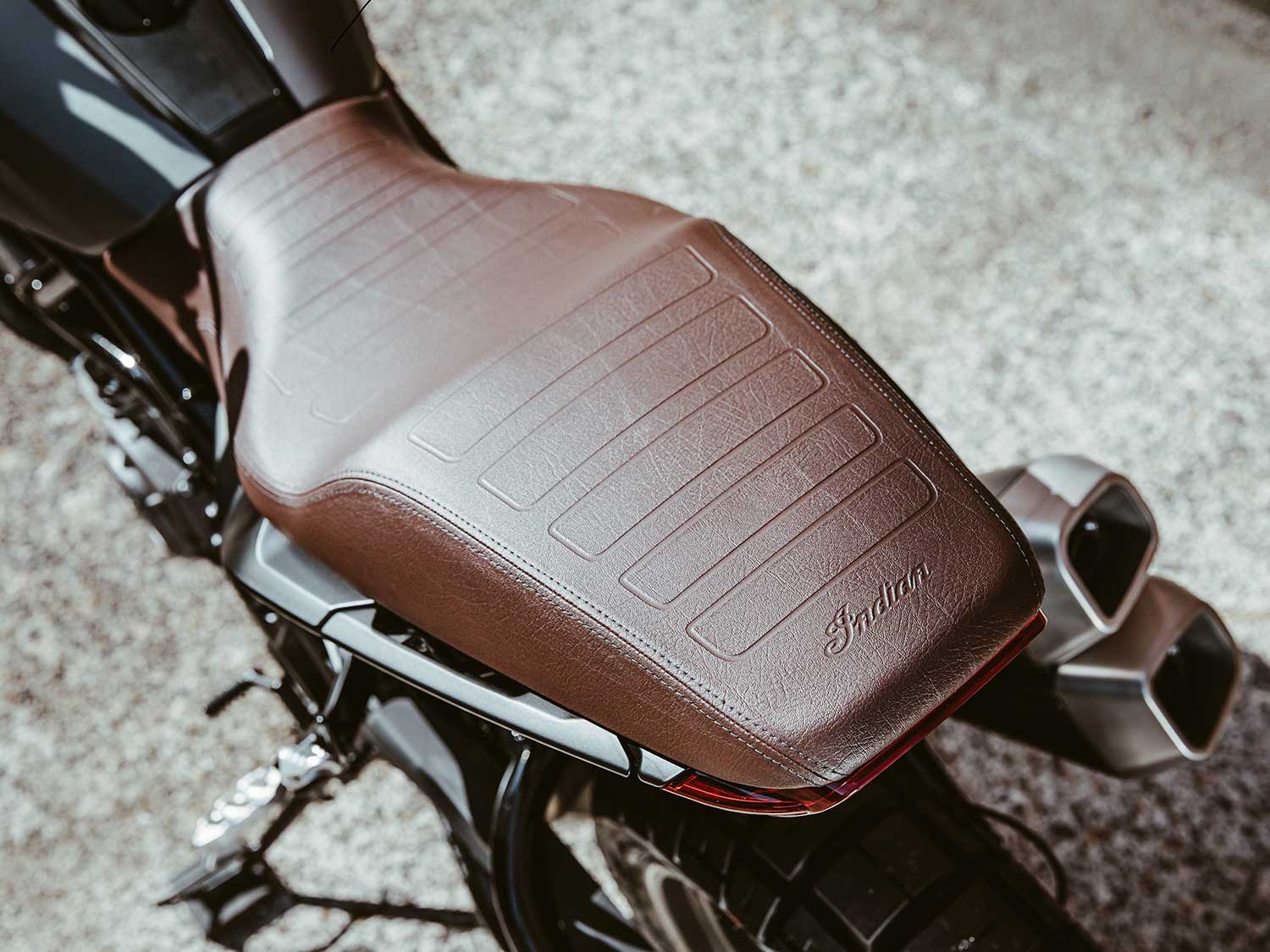 The FTR Rally’s brown aviator seat offers plenty of room for a passenger.