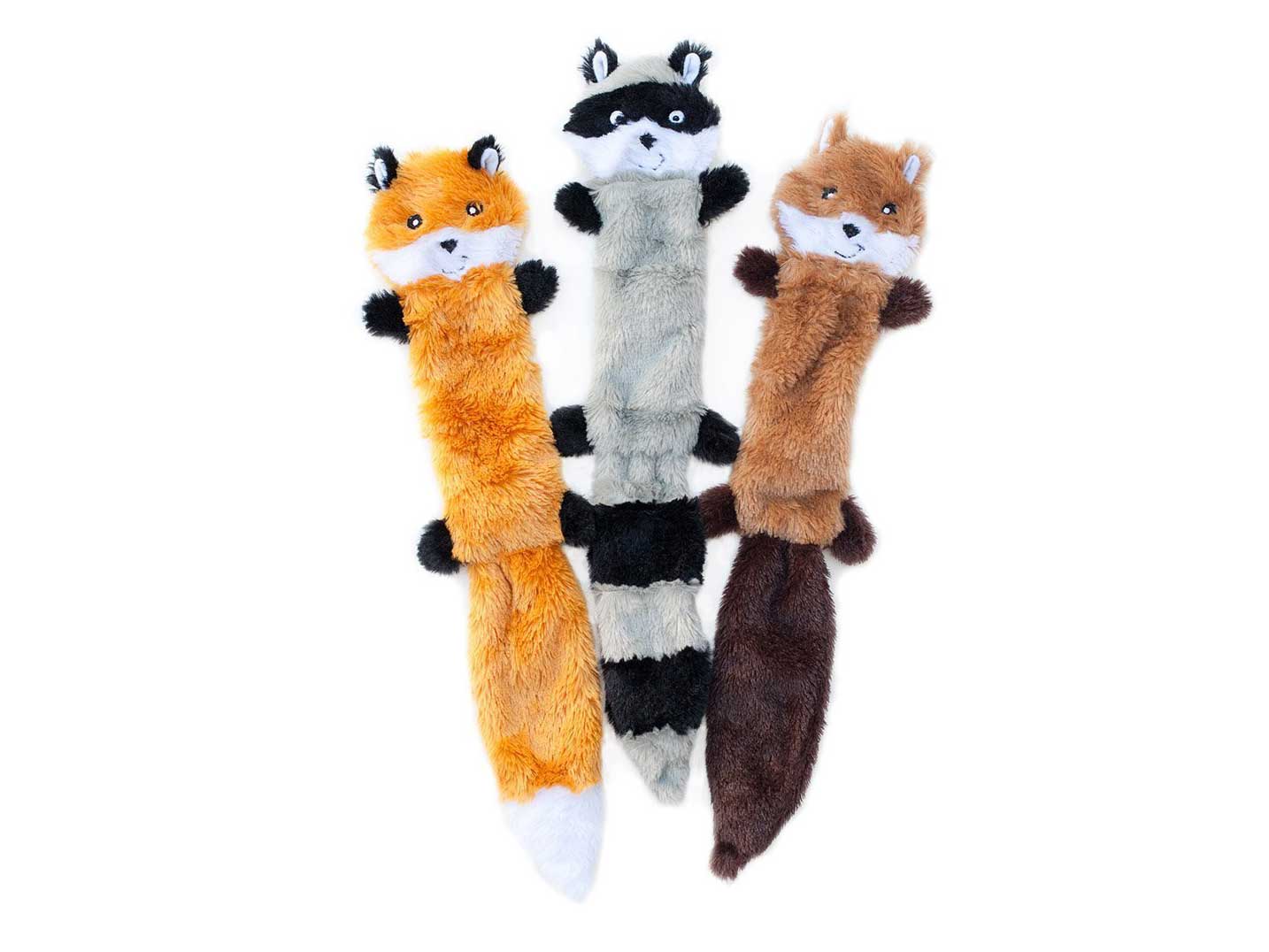 ZippyPaws Skinny Peltz No Stuffing Squeaky Dog Toy, Fox, Raccoon, And Squirrel