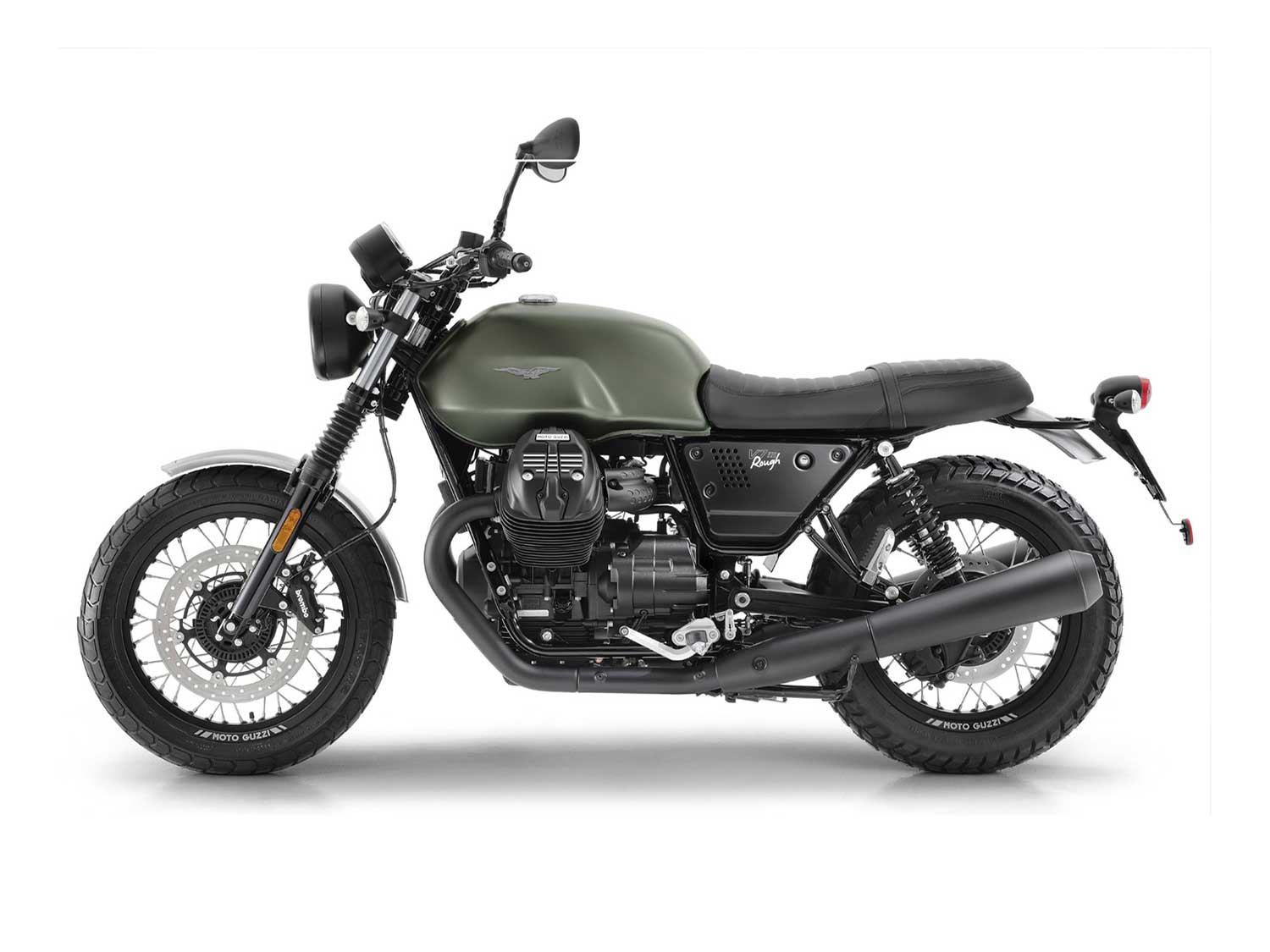 The Rough adopts a scrambler-ish approach, with knobbies and fork gaiters meant to sell the appearance of dirt-worthiness.