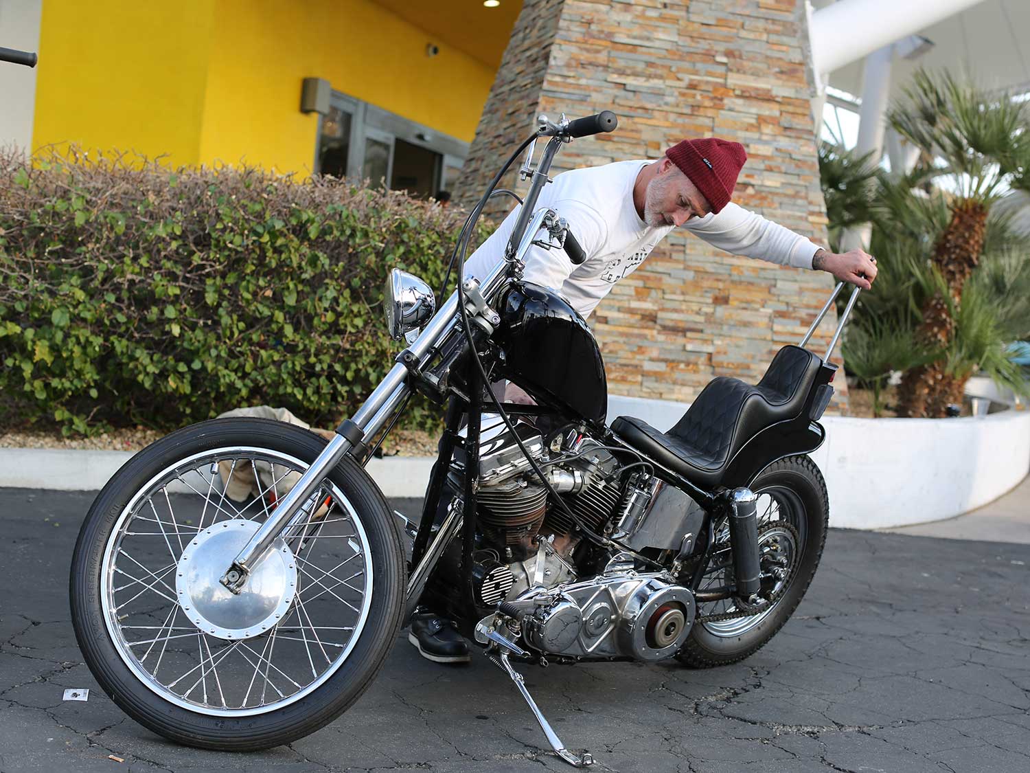 Crazy Frank-style Panhead chopper getting ready to leave the show for the night.