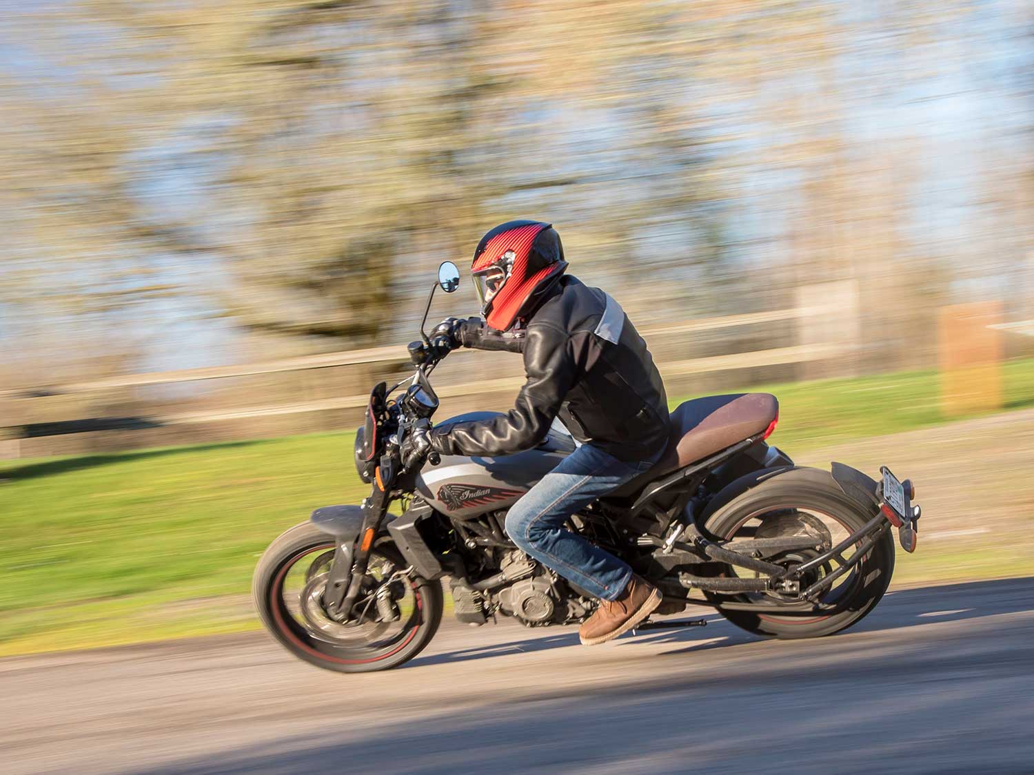 The chunky tires may look the part, but they ride better than they look on the street; the bike tips into turns readily, even with the chunkier profile.