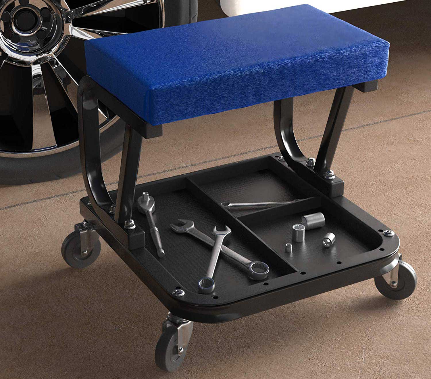 Rolling garage stool with tools