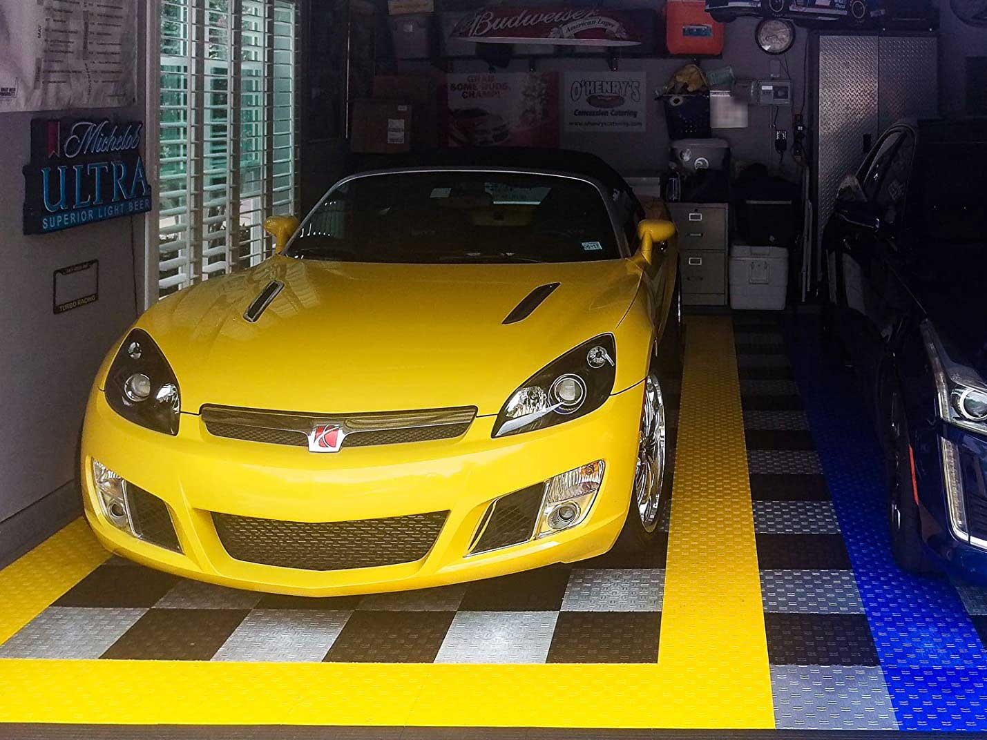 Garage mat tiles with car in garage