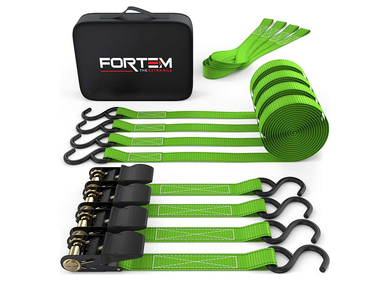 FORTEM Ratchet Tie Down Straps, 4X 15ft Securing Straps, 4X Soft Loops 1500lb Break Strength, Rubber Coated Metal Handles, Plastic Coated Metal Hooks, Carrying Case (Green)