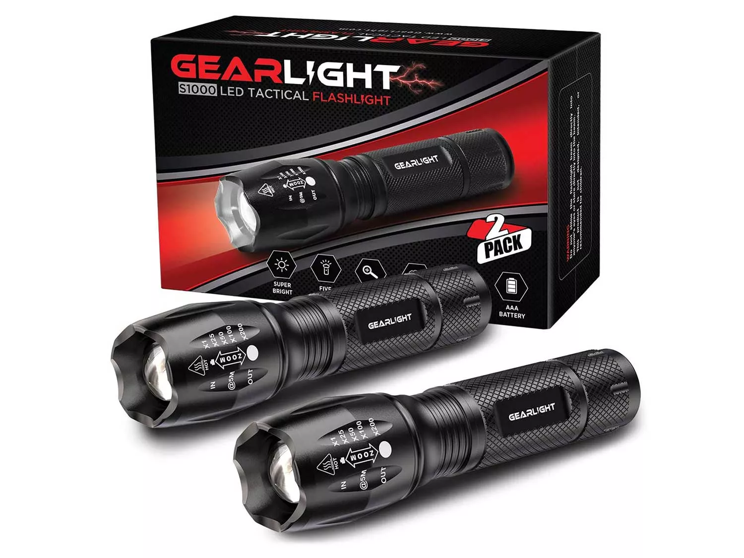 GearLight LED Tactical Flashlight S1000 [2 PACK] - High Lumen, Zoomable, 5 Modes, Water Resistant, Handheld Light - Best Camping, Outdoor, Emergency, Everyday Flashlights