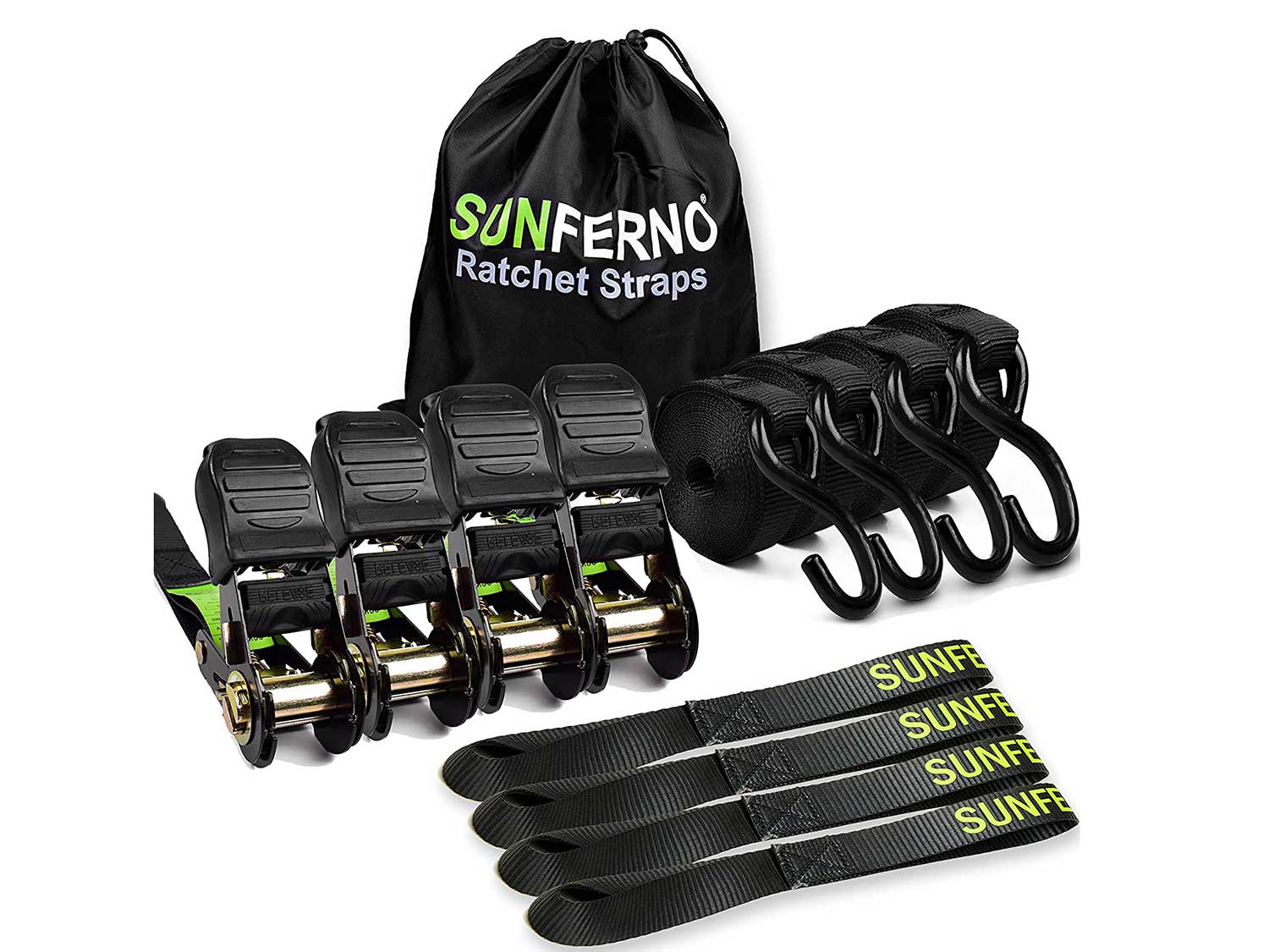 Sunferno Ratchet Straps Tie Down 2500Lbs Break Strength, 15 Foot - Heavy Duty Straps To Safely Move Your Motorcycle and Cargo - Includes 4 Pack Soft Loop Straps - Black (4 Pack)