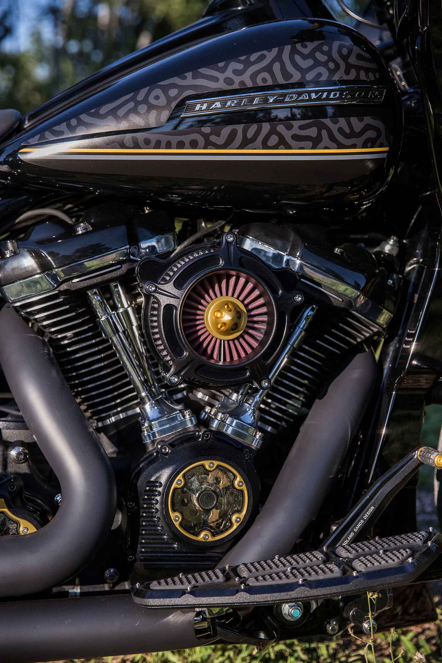 Roland Sands Design Black Ops Turbine Air Cleaner with a custom gold anodized nose cone.
