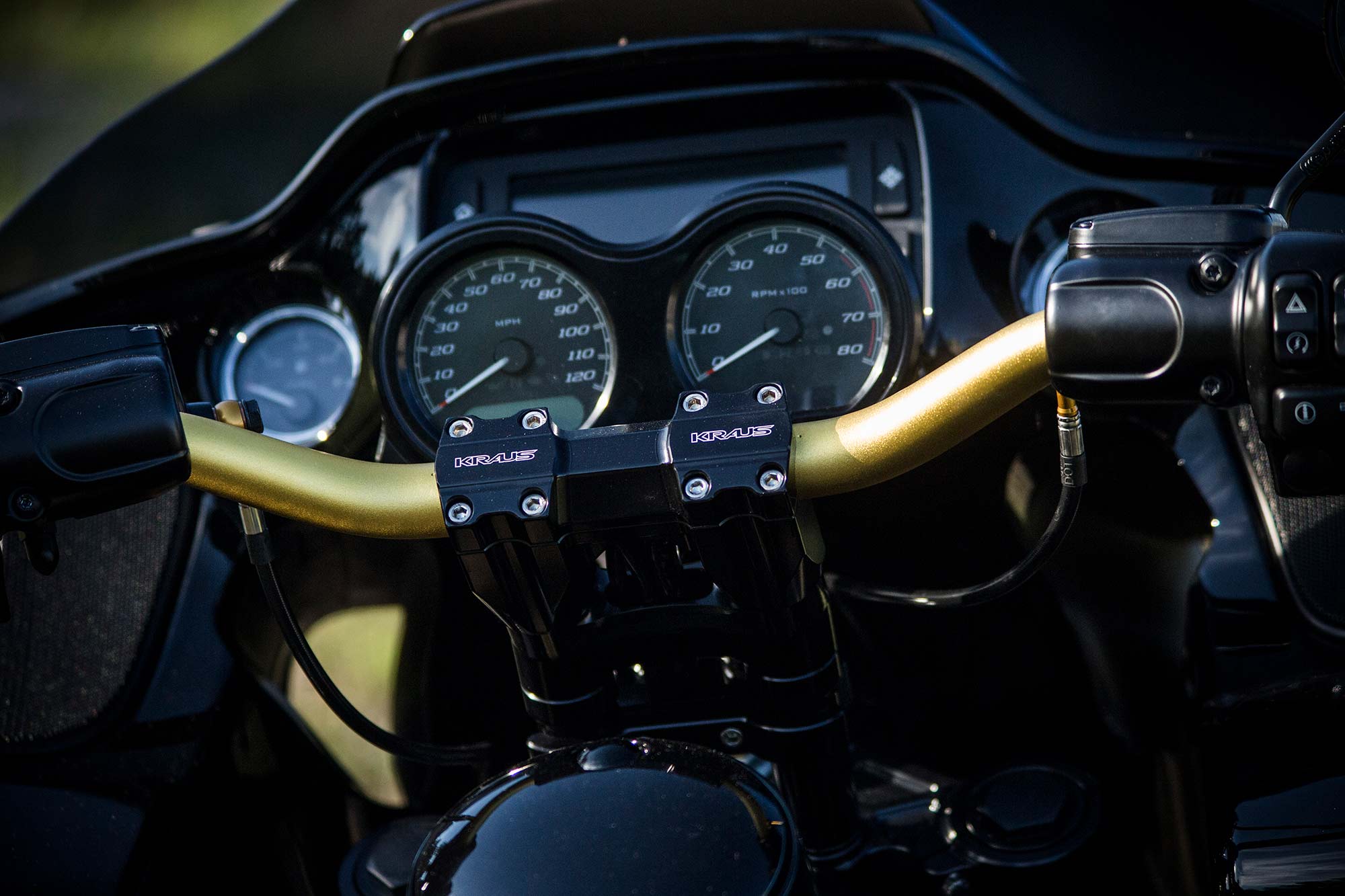 From behind the bars of the custom Harley-Davidson Road Glide.