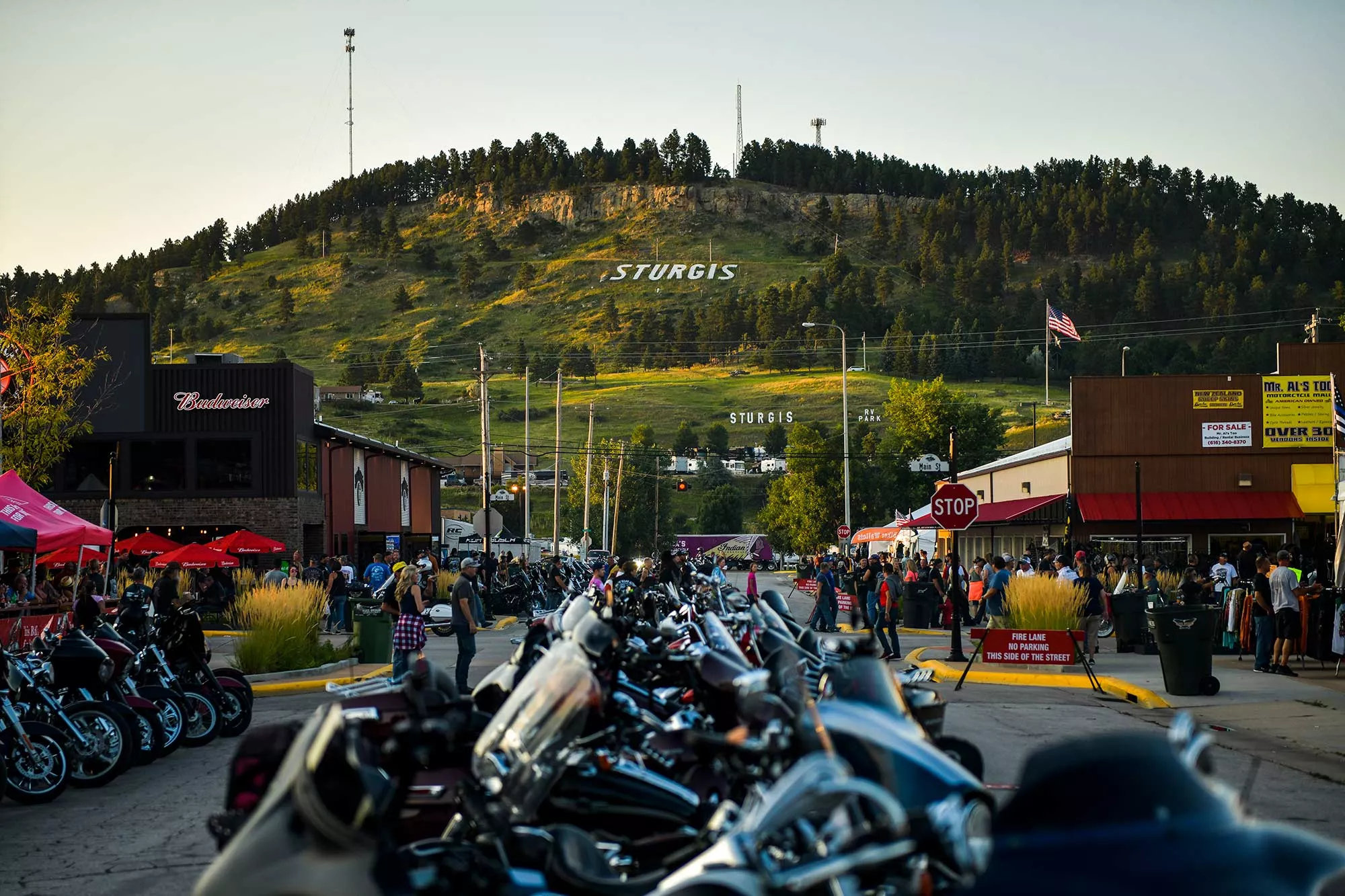 Motorcycles sit parked in downtown Sturgis.