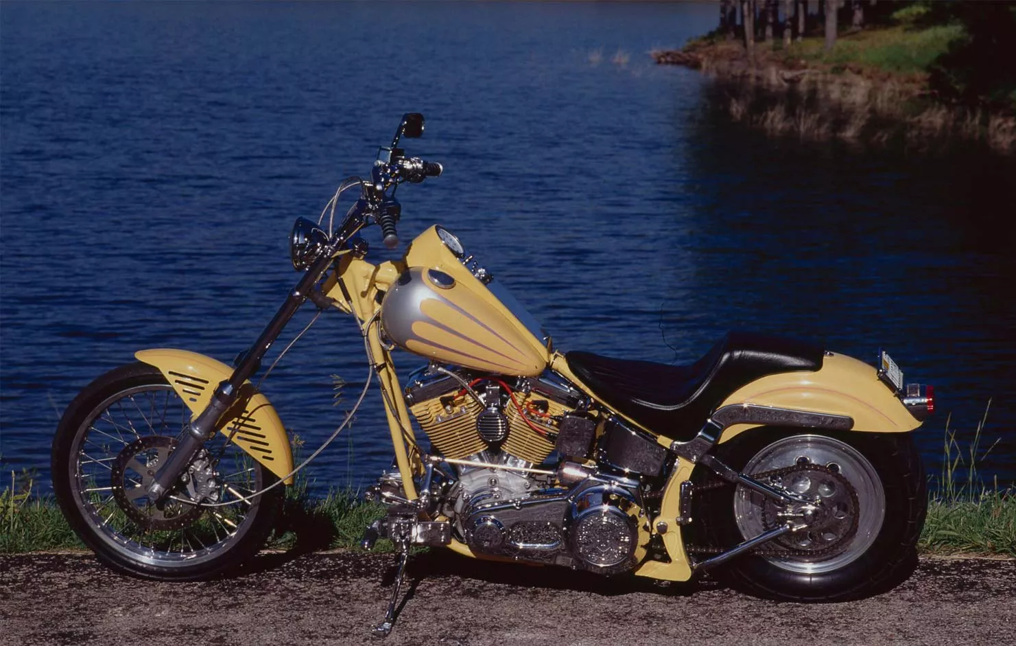Actor, musician, and bike builder Rusty Coones painted this mustard/silver 1987 Softail.