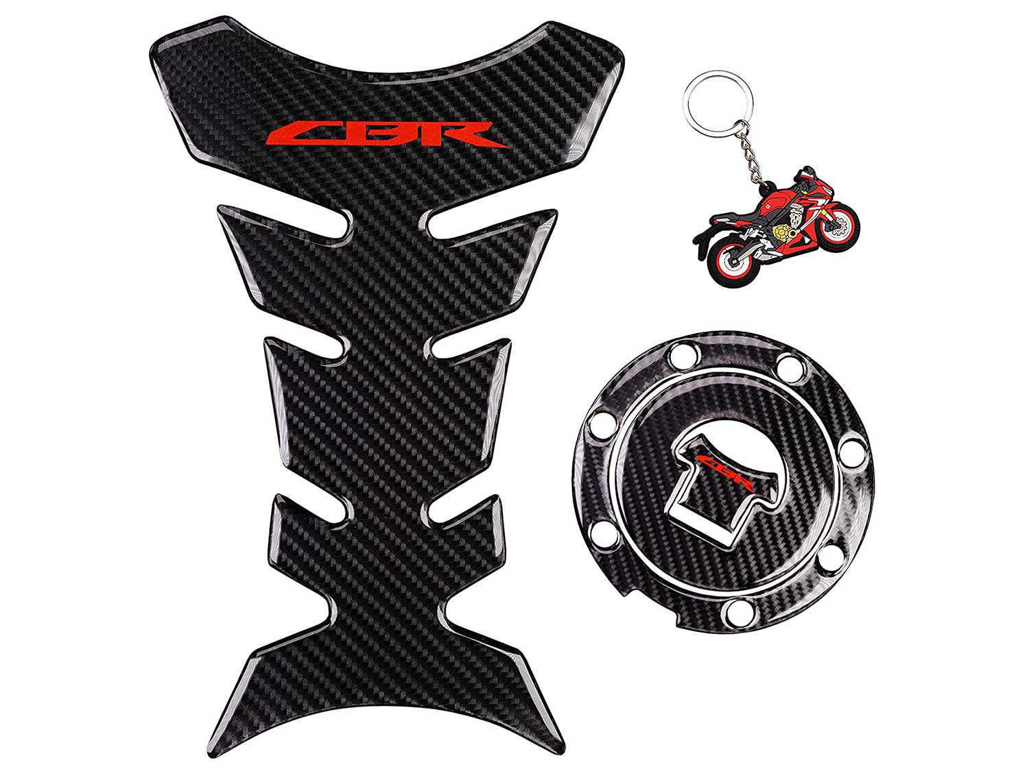 REVSOSTAR Real Carbon Look, Fuel Gas Tank Cap, Protector Pad, Tank Pad Decal Stickers, Tank Protector with Keychain for CBR600RR 2003-2015 CBR1000RR 2004-2015, 3PCS Per Set (RED)