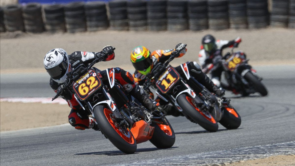 Motorcycle racers compete in a Super Hooligan race at the WeatherTech Raceway Laguna Seca, in Monterey, California. 