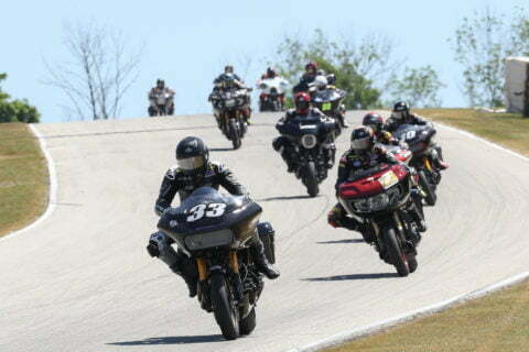 A group of motorcycle racers at the 2021 King of the Baggers event held at Road America. 