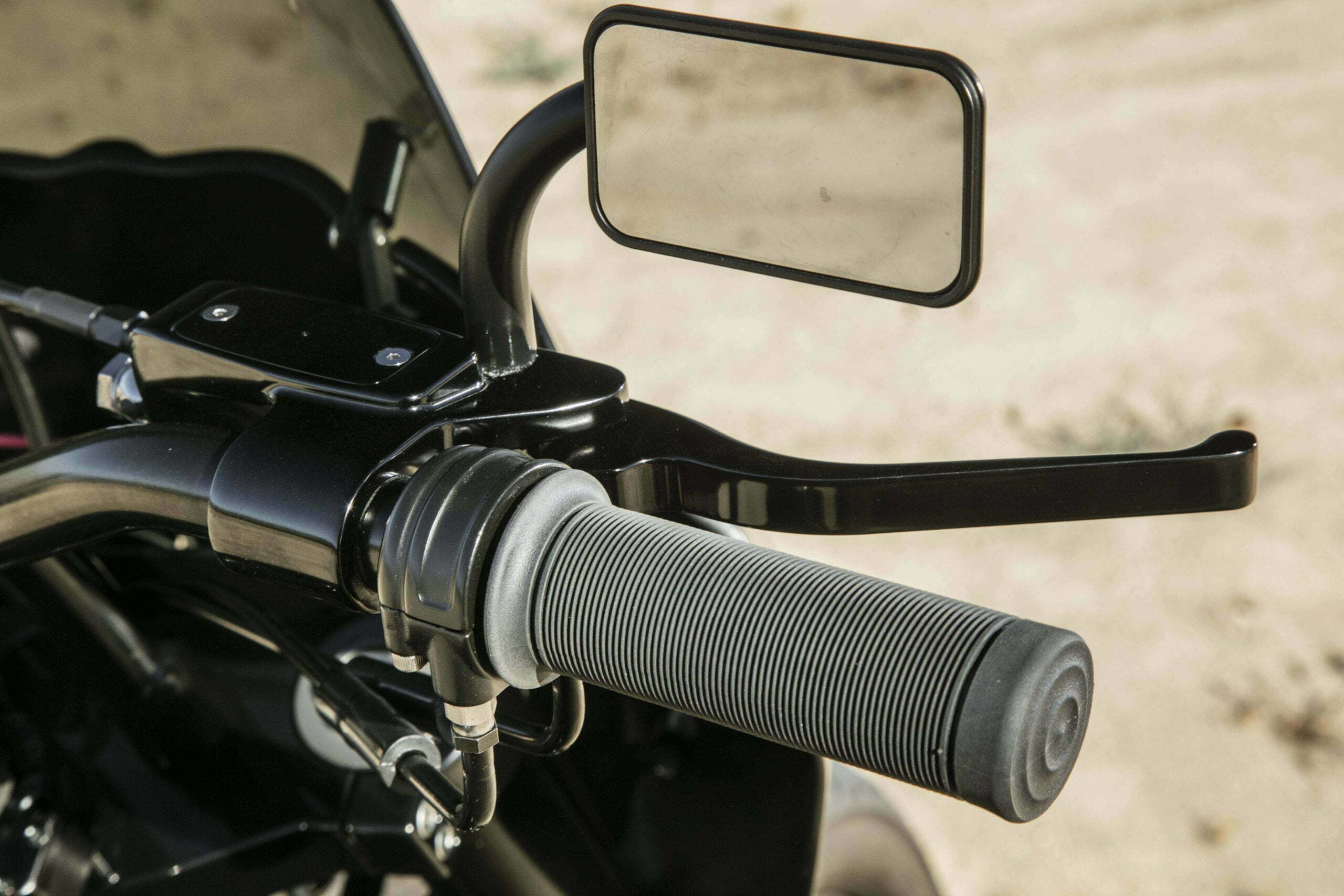 Handlebar controls on custom Harley-Davidson FXR motorcycle. 