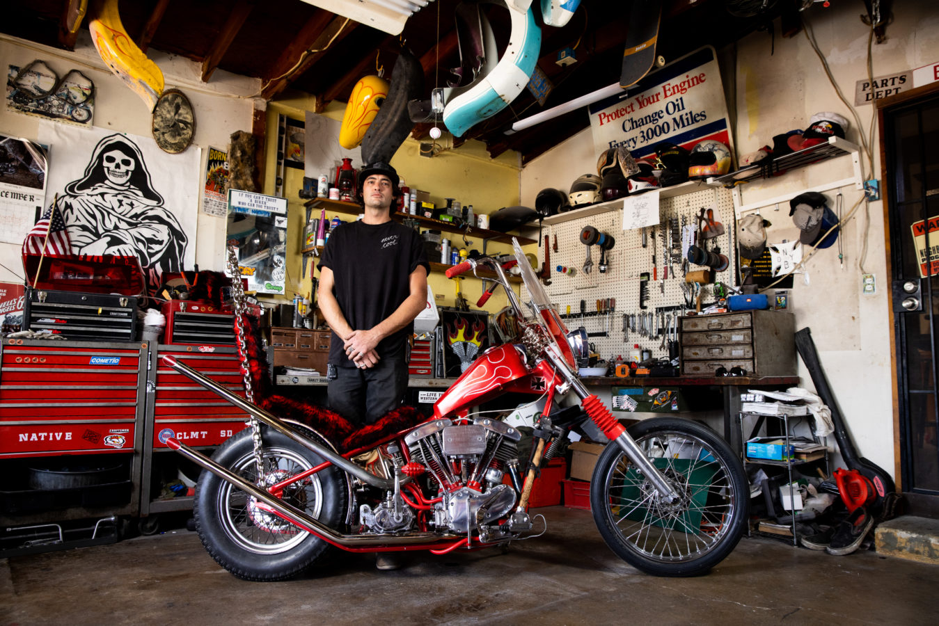 Aaron Crow of Clairemont, California, with his 1967 Harley-Davidson Shovelhead.